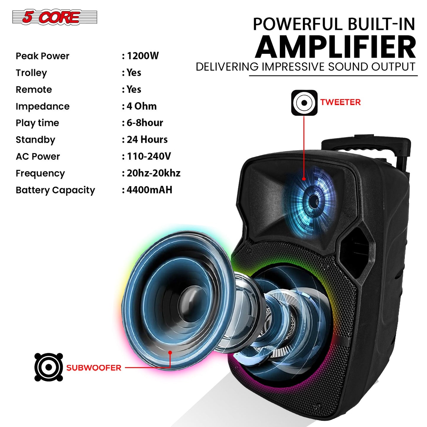5Core 10 inch PA Portable Bluetooth Party Speaker Karaoke Boombox + 2