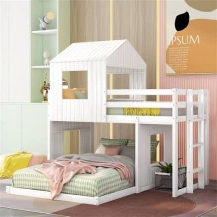 House Bunk Beds, Twin over Full Bunk Bed Wood Playhouse Bunkbed Low